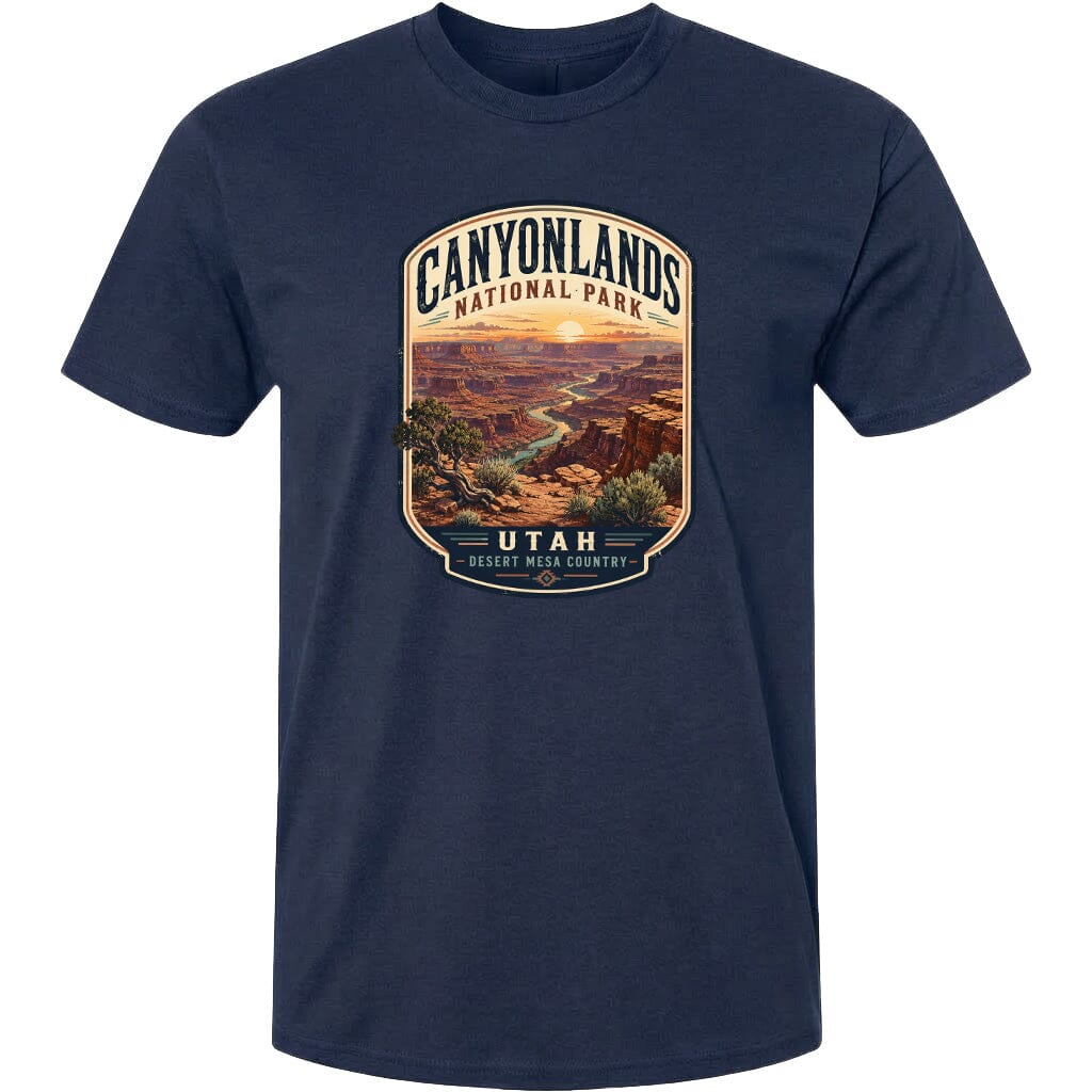 A t-shirt design featuring a scenic illustration of the Grand Canyon National Park in Utah.