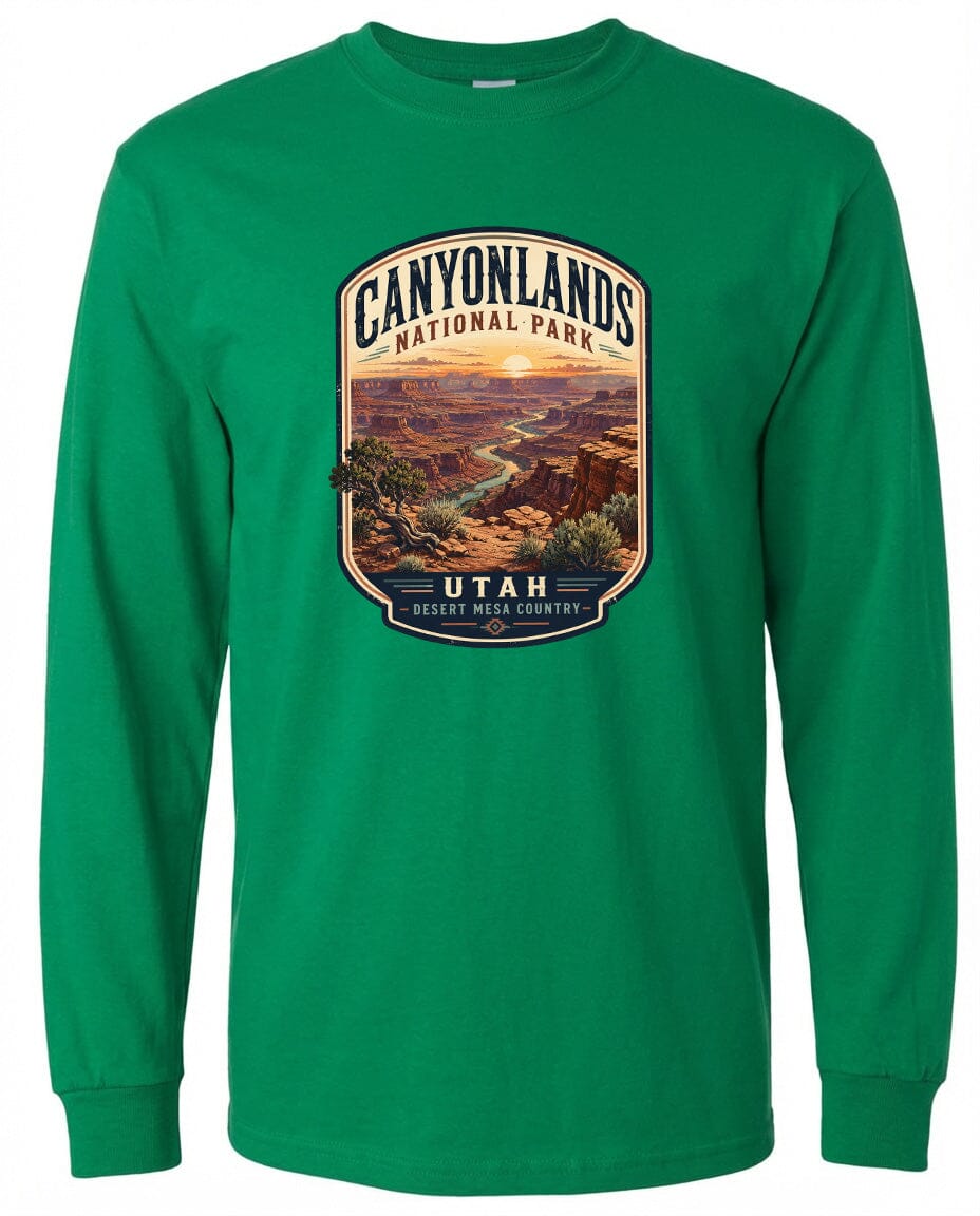 A green long-sleeved t-shirt with a graphic design depicting the Canyonlands National Park in Utah.