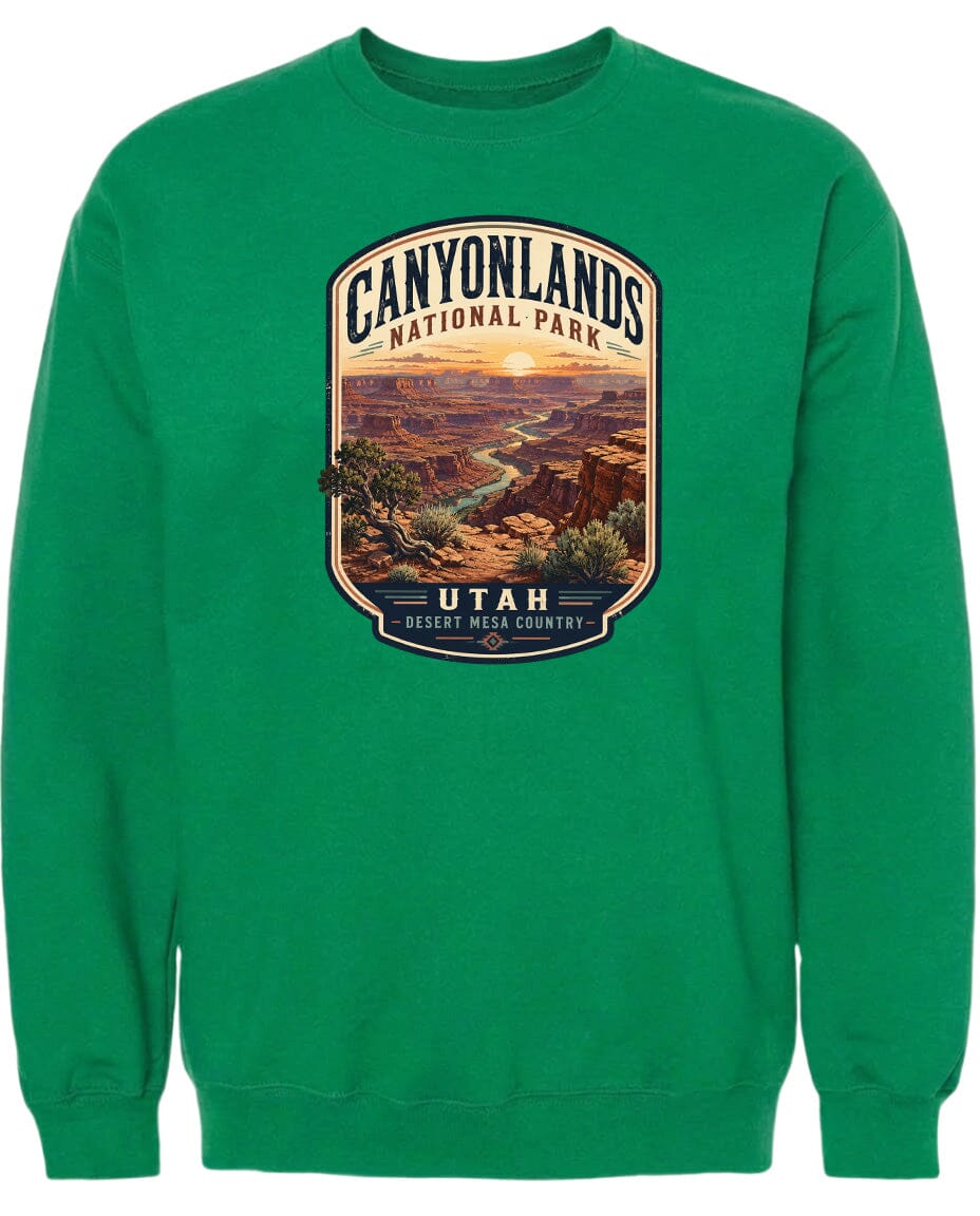 A green sweatshirt with a graphic design depicting the scenic landscape of Canyonlands National Park in Utah.