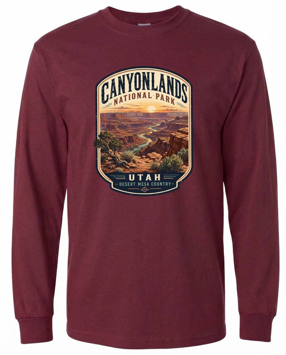 A long-sleeved burgundy t-shirt with a graphic design depicting the scenic landscape of Canyonlands National Park in Utah, USA.