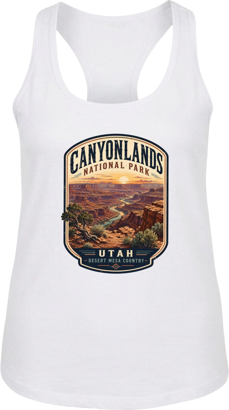A white tank top with a graphic design depicting the scenic landscape of Canyonlands National Park in Utah.