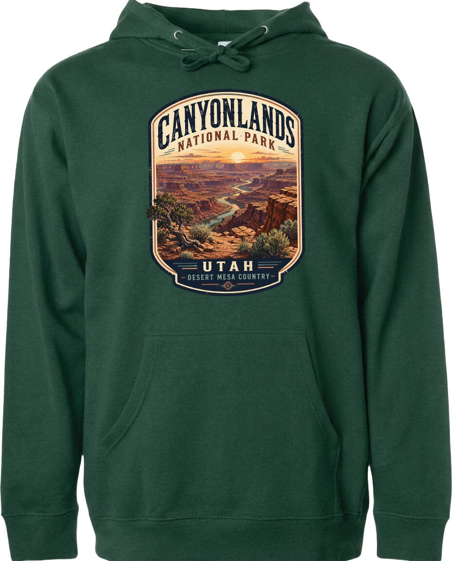 A green hoodie with a graphic design depicting the scenic landscape of Canyonlands National Park in Utah.