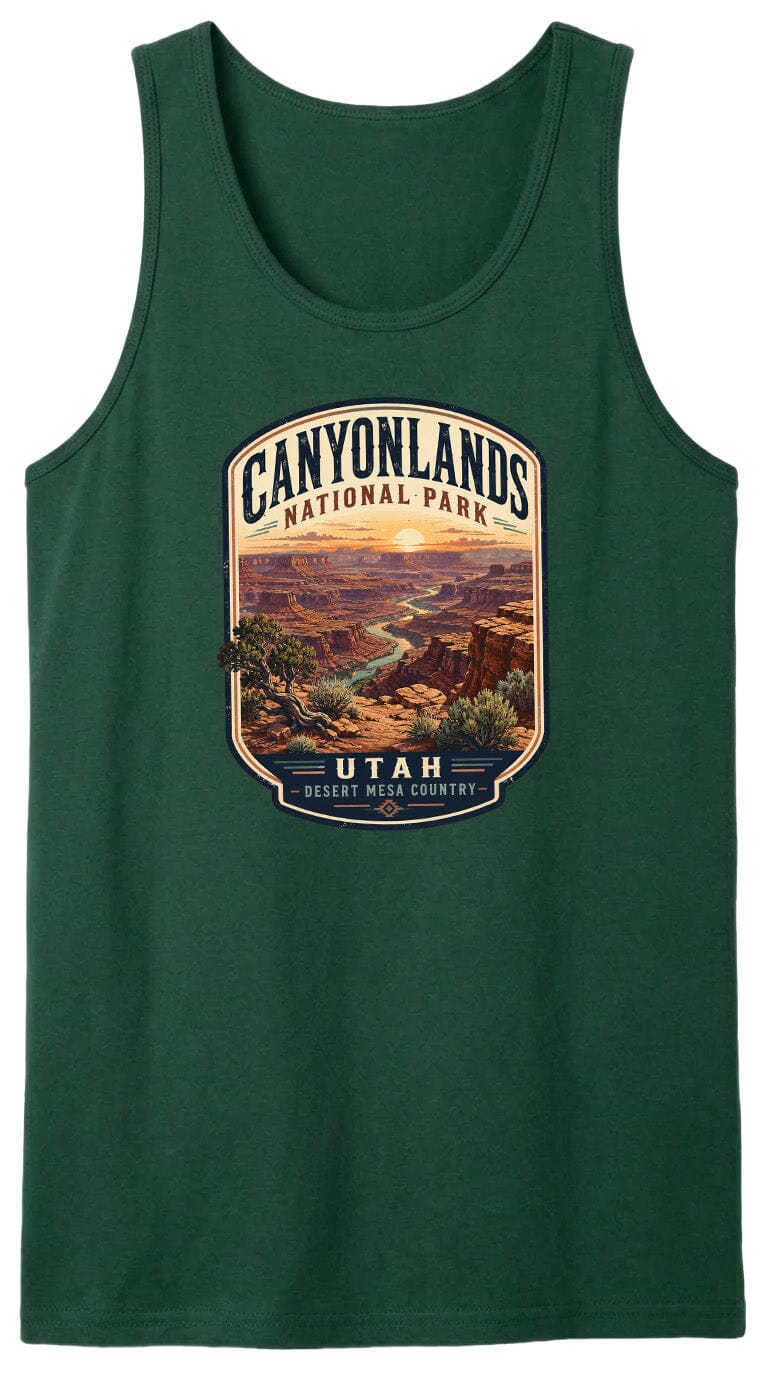 A green tank top with a graphic design depicting the scenic landscape of Canyonlands National Park in Utah.