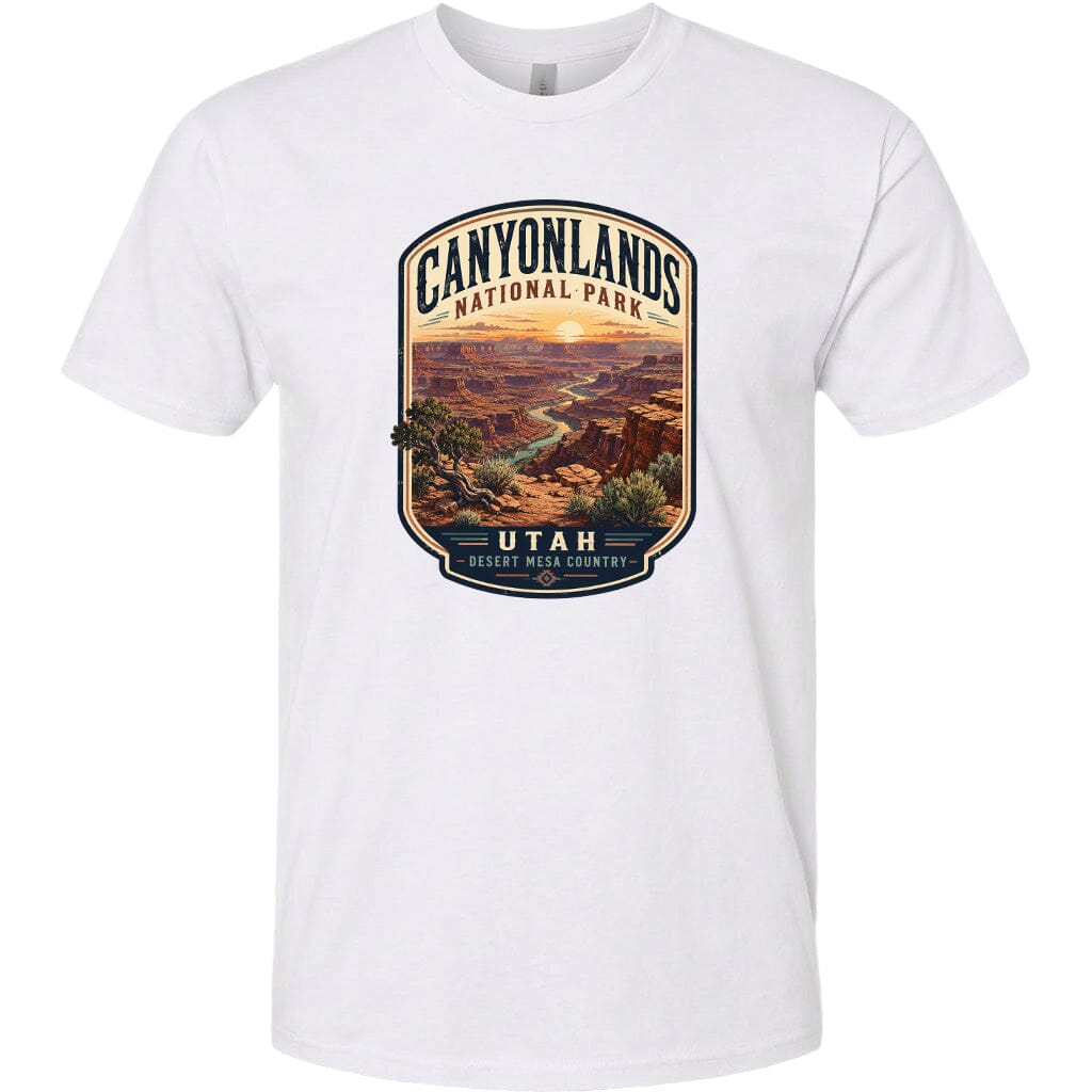 A white t-shirt with a graphic design depicting a scenic view of the Canyonlands National Park in Utah.