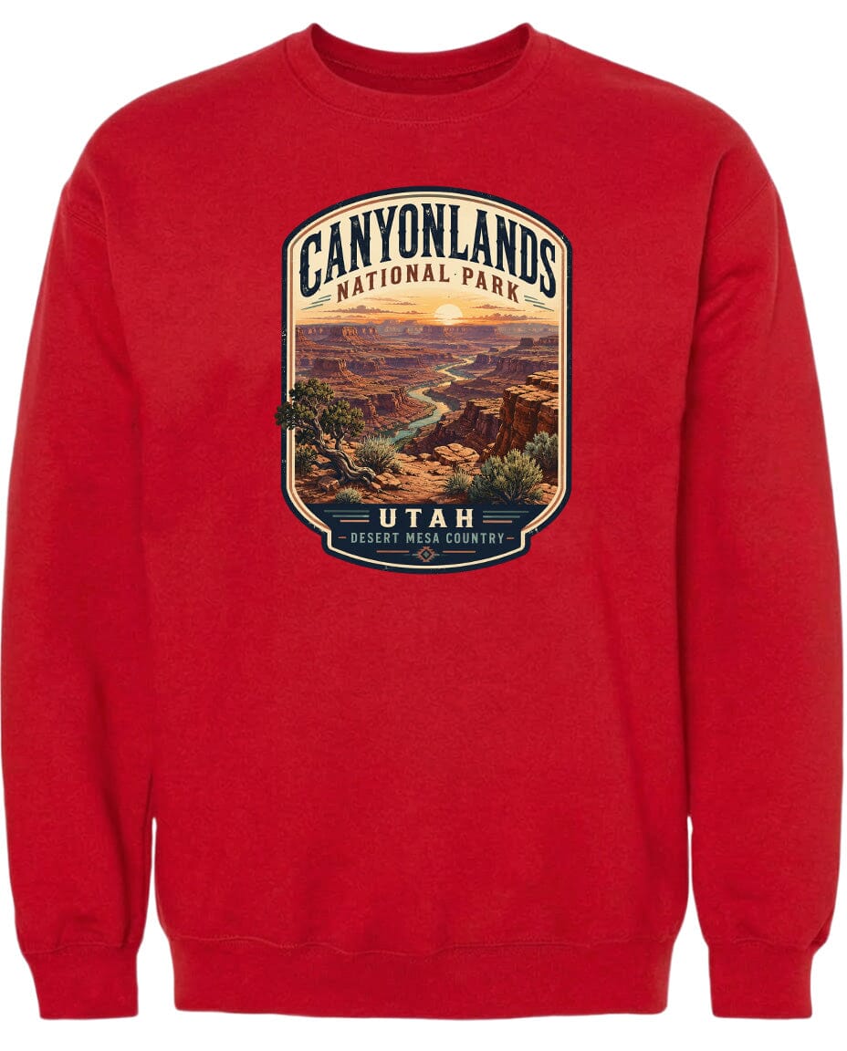 A red sweatshirt with a graphic design depicting the scenic landscape of Canyonlands National Park in Utah.