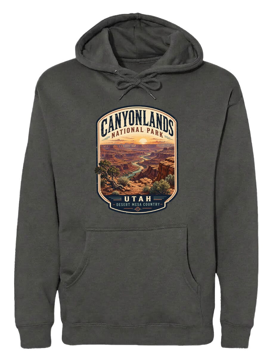 A gray hoodie with a graphic design depicting the scenic landscape of Canyonlands National Park in Utah.