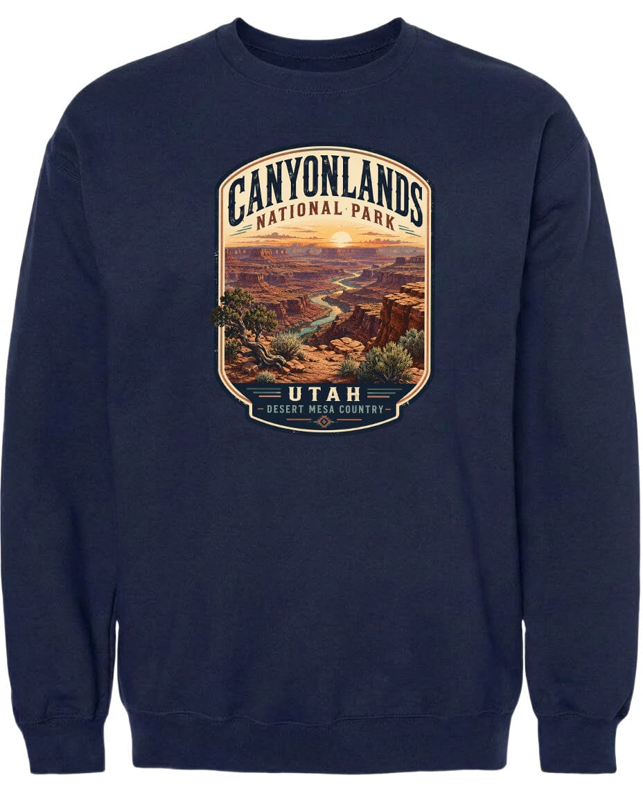 A navy blue sweatshirt with a graphic design depicting the scenic landscape of Canyonlands National Park in Utah.