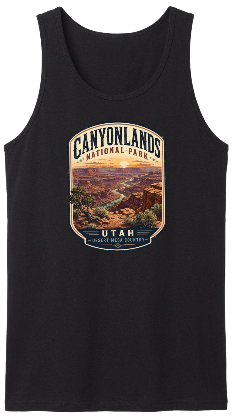 A black tank top with a graphic design depicting the scenic landscape of Canyonlands National Park in Utah.
