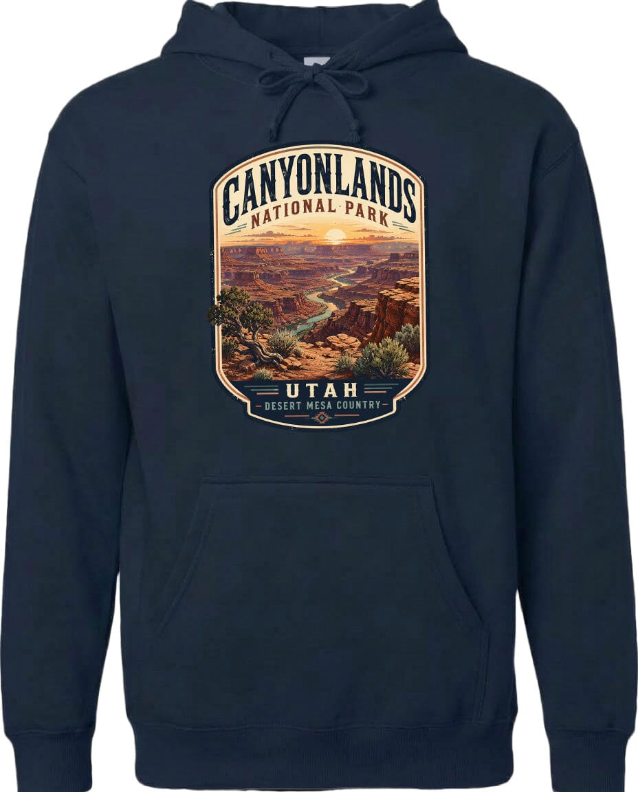 A hoodie with a graphic design depicting the scenic landscape of Canyonlands National Park in Utah.