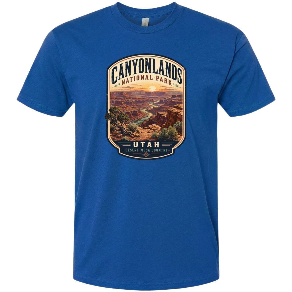 A blue t-shirt with a graphic design depicting a scenic landscape of the Canyonlands National Park in Utah.