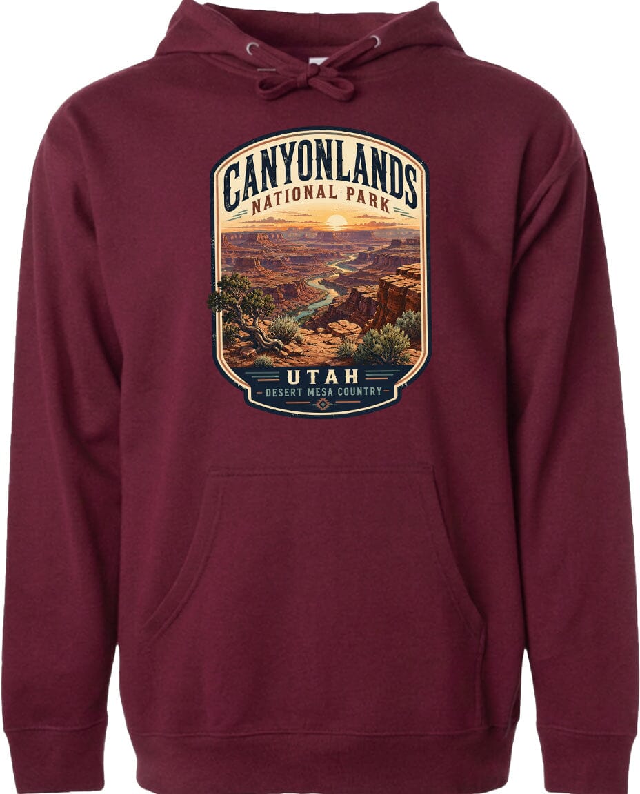 A hoodie with a graphic design depicting the scenic landscape of Canyonlands National Park in Utah.