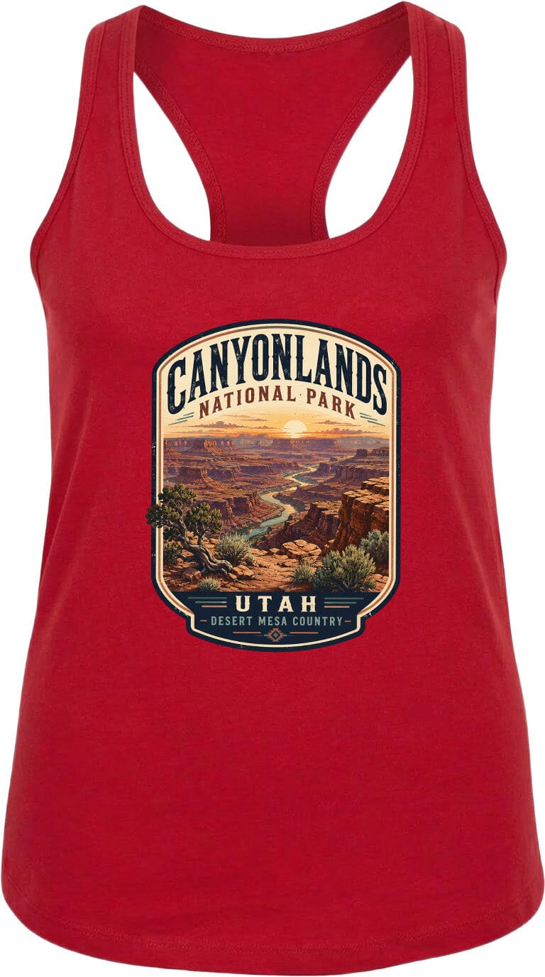 A red tank top with a graphic design depicting the scenic landscape of Canyonlands National Park in Utah.