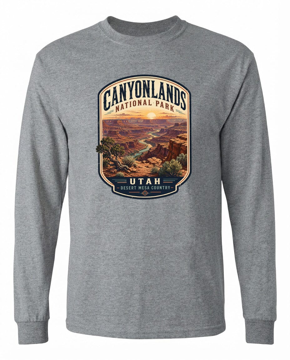 A gray long-sleeved t-shirt with a graphic design depicting the scenic landscape of Canyonlands National Park in Utah.