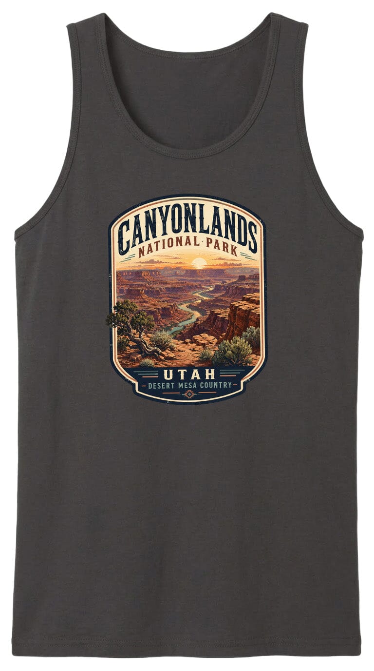A graphic design featuring a scenic landscape with mountains, a river, and a sunset, along with the text "CANYONLANDS NATIONAL PARK" and "UTAH DESERT MESA COUNTRY".