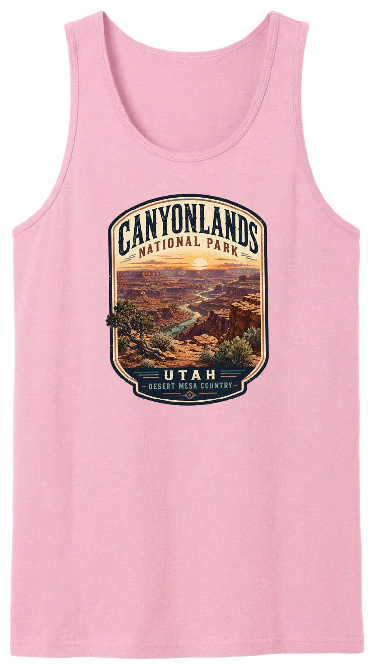 A pink tank top with a graphic design depicting the scenic landscape of Canyonlands National Park in Utah.