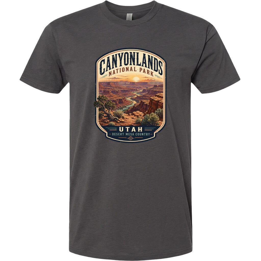 A gray t-shirt with a graphic design depicting the scenic landscape of Canyonlands National Park in Utah.