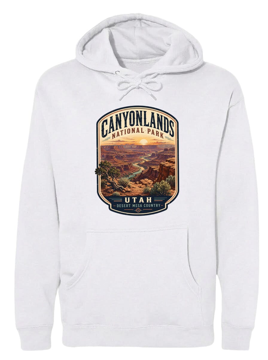 A white hoodie with a graphic design depicting the scenic landscape of Canyonlands National Park in Utah.
