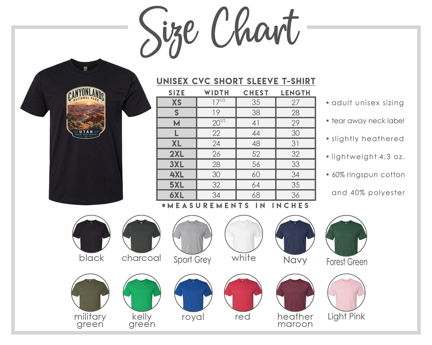 The image is a size chart for a short sleeve t-shirt, including various sizes and measurements in inches.