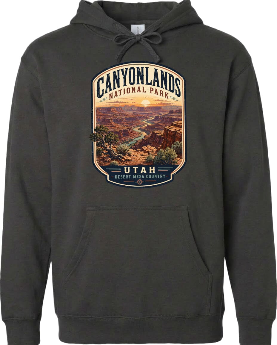 A hoodie with a graphic design depicting the scenic landscape of Canyonlands National Park in Utah.