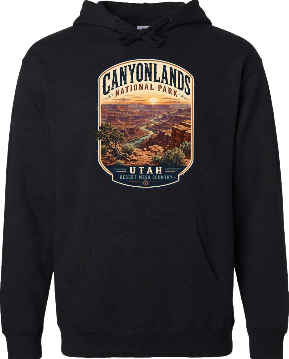 A black hoodie with a graphic design depicting the scenic landscape of Canyonlands National Park in Utah.