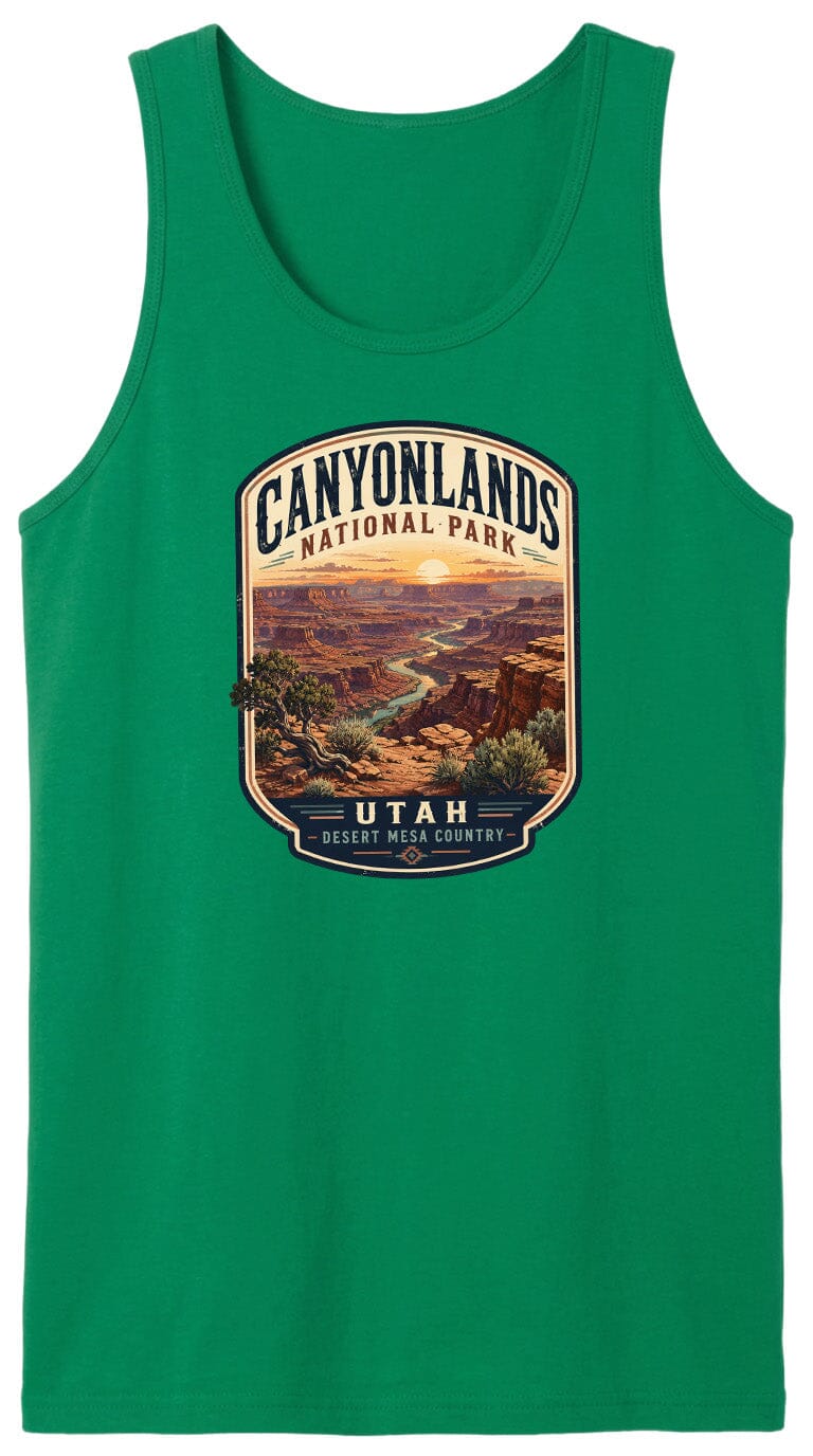 A green tank top with a graphic design depicting the scenic landscape of Canyonlands National Park in Utah.