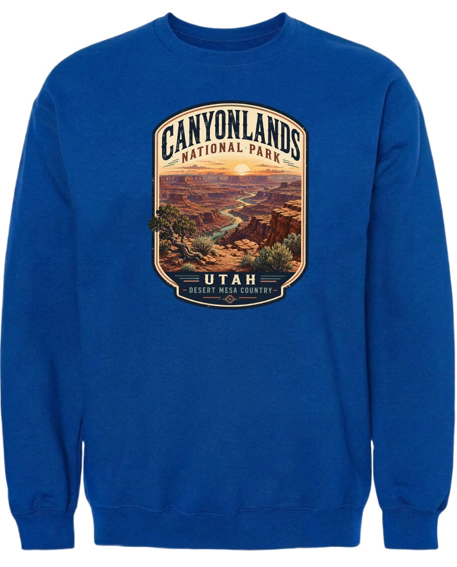 A blue sweatshirt with a graphic design depicting the scenic landscape of Canyonlands National Park in Utah.