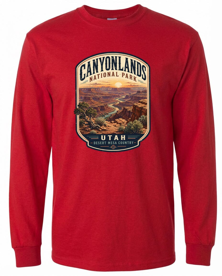 A red long-sleeved t-shirt with a graphic design depicting the scenic landscape of Canyonlands National Park in Utah.