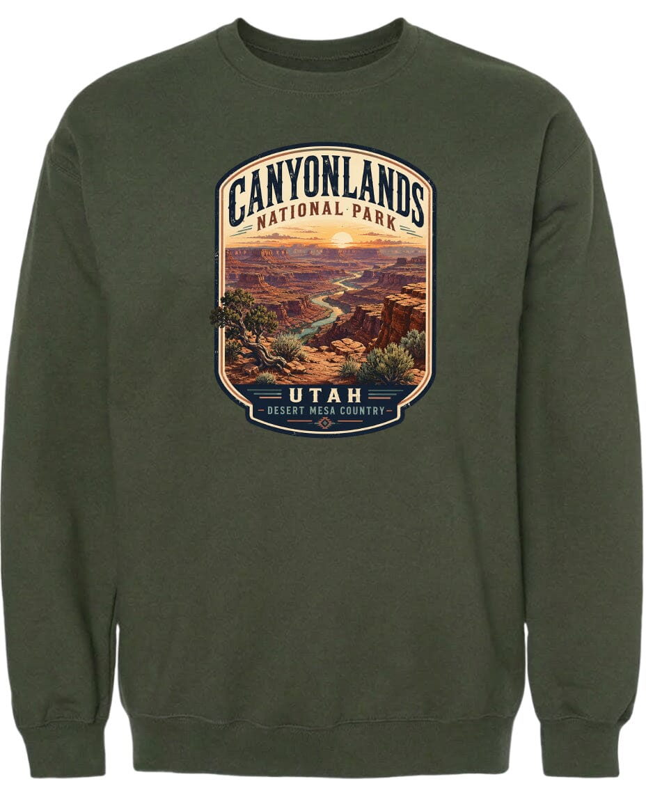 A green sweatshirt with a graphic design depicting the scenic landscape of Canyonlands National Park in Utah.