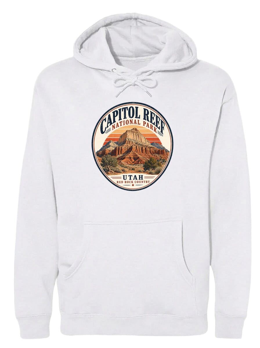A white hoodie with a circular design featuring the Capitol Reef National Park in Utah.