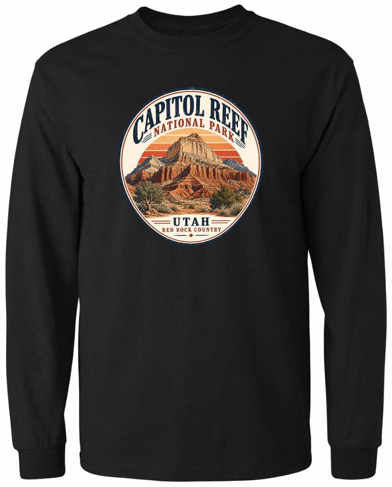 A black long-sleeved t-shirt with a circular graphic design featuring the Capitol Reef National Park in Utah.