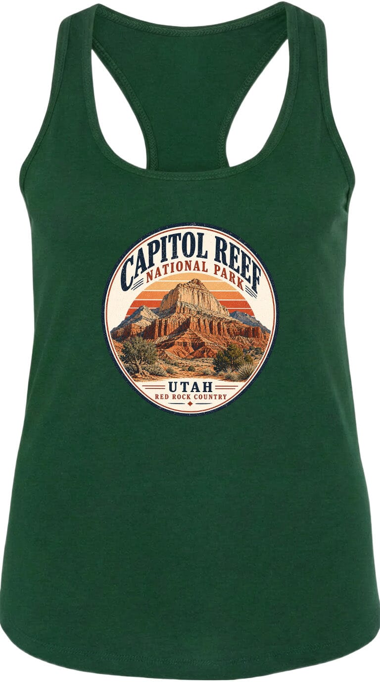A green tank top with a circular graphic design featuring the Capitol Reef National Park in Utah.