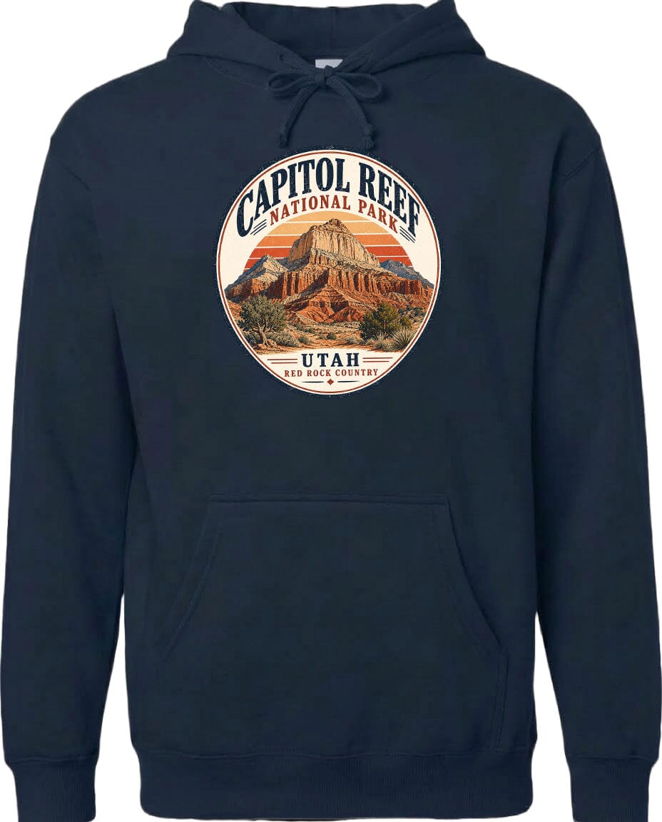 A navy blue hoodie with a circular graphic design featuring the Capitol Reef National Park in Utah.