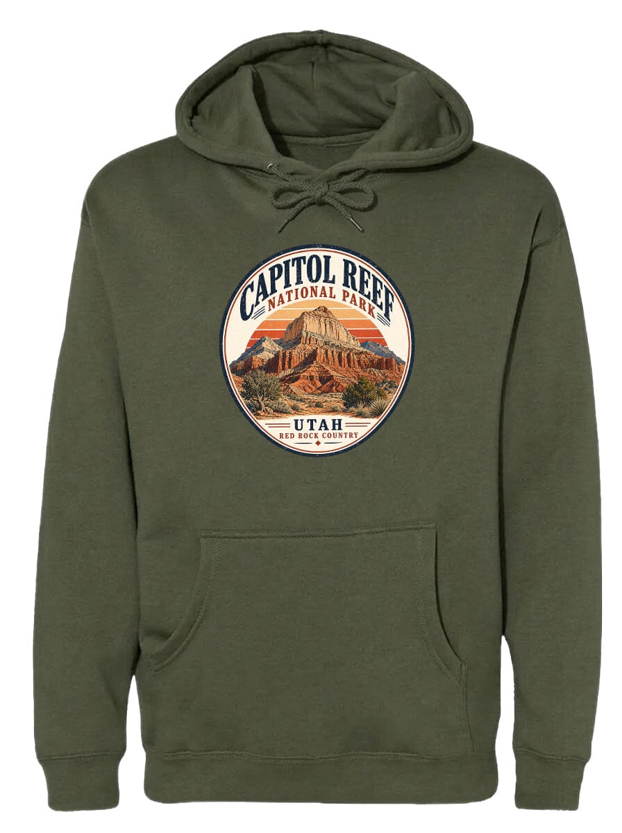 A green hoodie with a circular design featuring the Capitol Reef National Park and Utah.