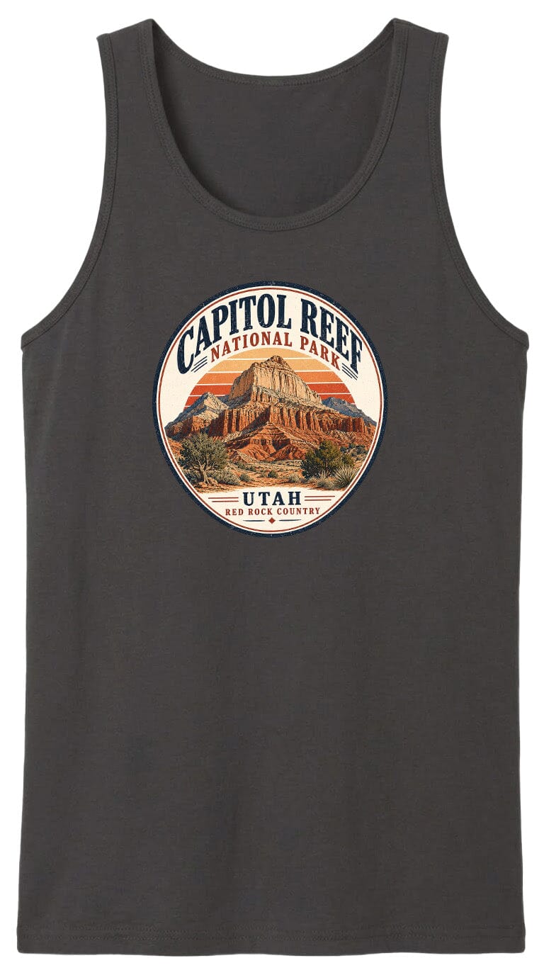 A black tank top with a circular graphic design featuring the Capitol Reef National Park in Utah.