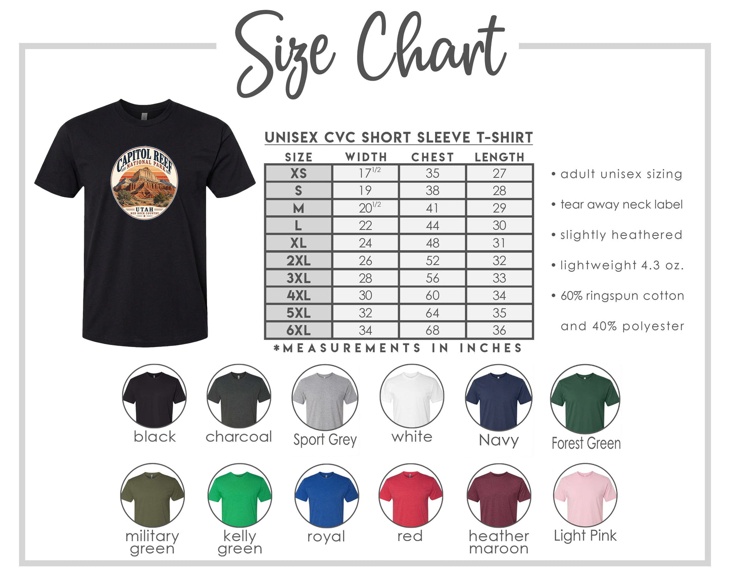 The image is a size chart for a short sleeve t-shirt, including various sizes and measurements in inches.