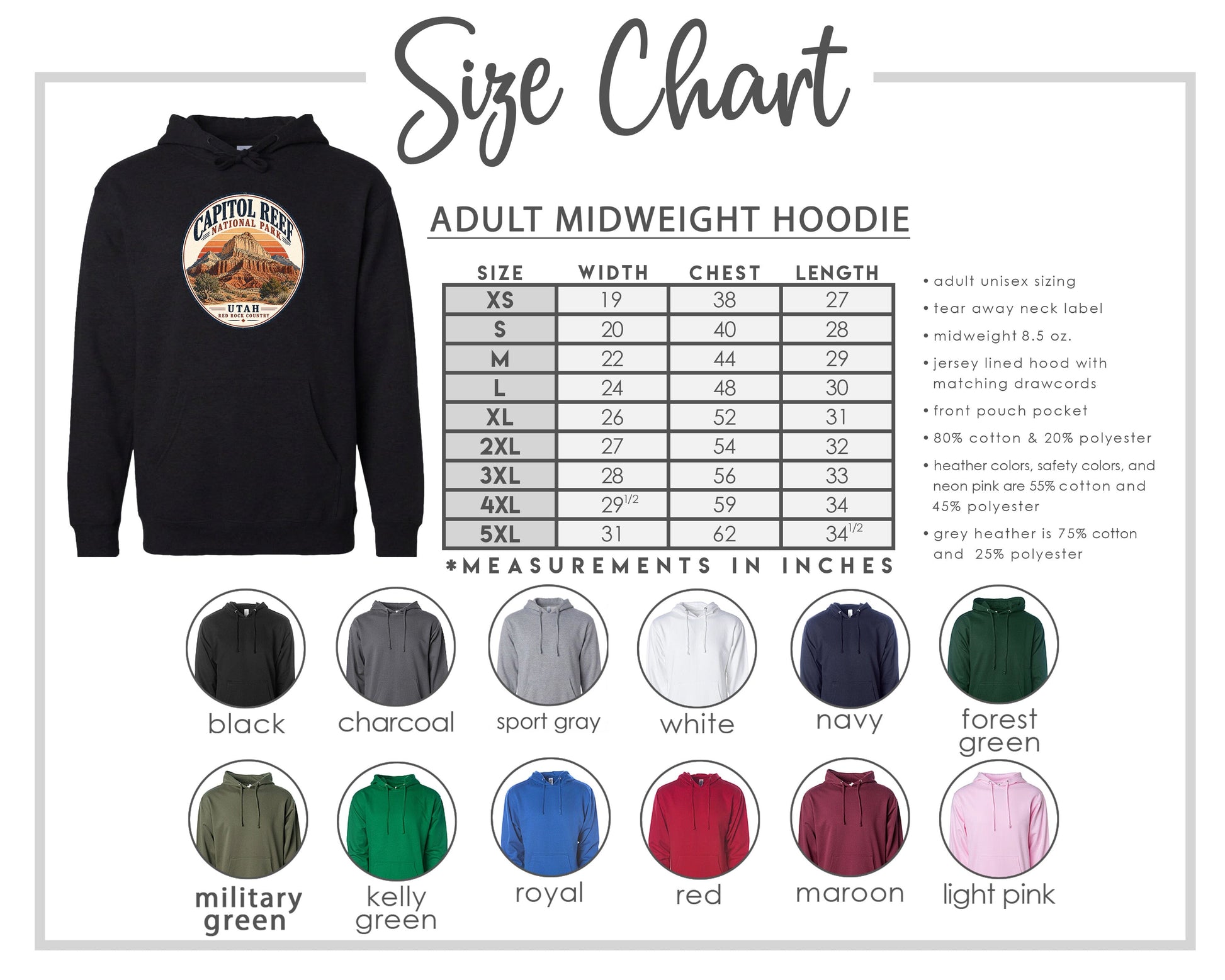 The image is a size chart for an adult midweight hoodie, including various color options and corresponding measurements in inches.