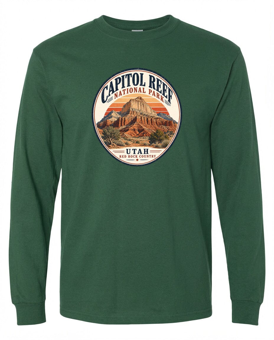 A green long-sleeved t-shirt with a circular graphic design featuring the Capitol Reef National Park in Utah.