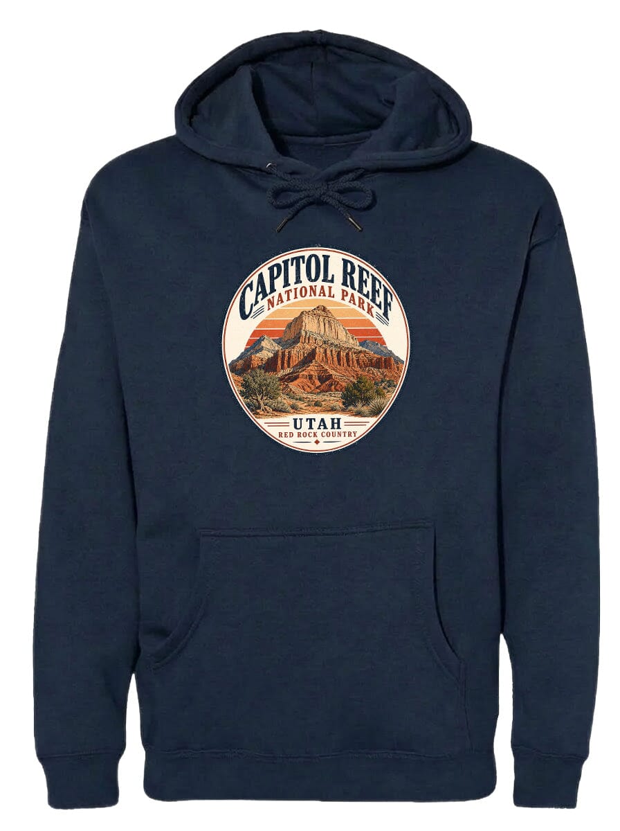 A navy blue hoodie with a circular design featuring the Capitol Reef National Park and Utah, which is a famous landmark in the United States.