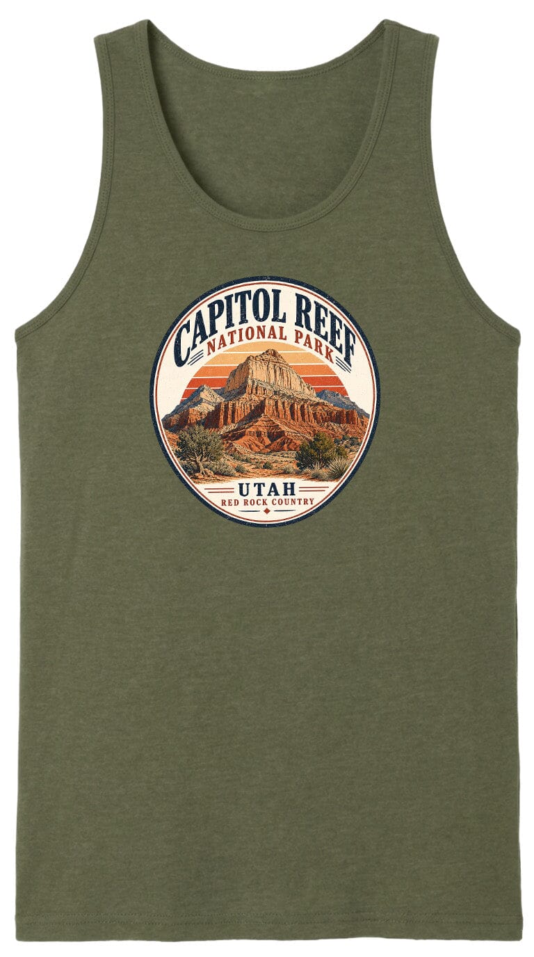A green tank top with a circular design featuring the Capitol Reef National Park in Utah.