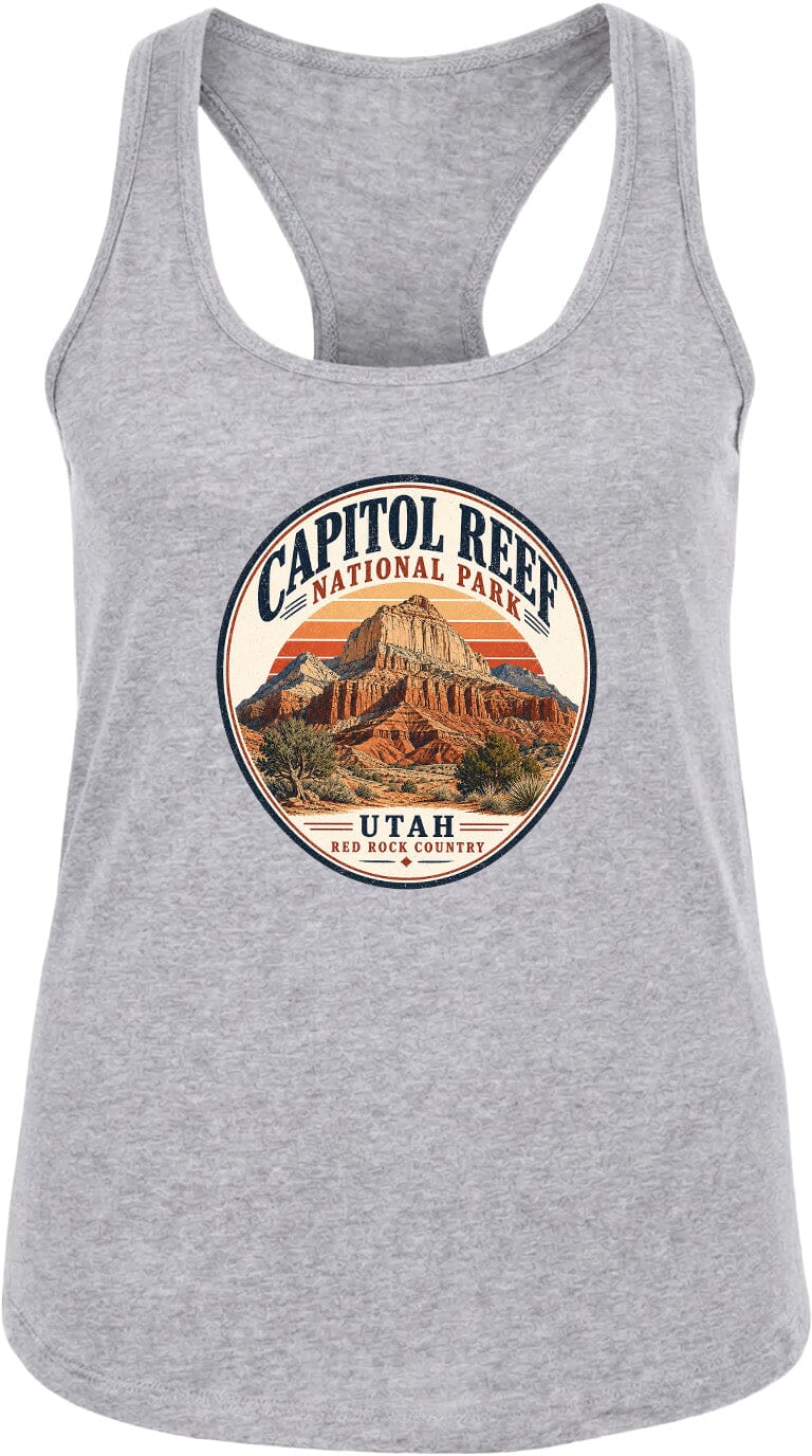 A gray tank top with a circular graphic design featuring the Capitol Reef National Park in Utah.