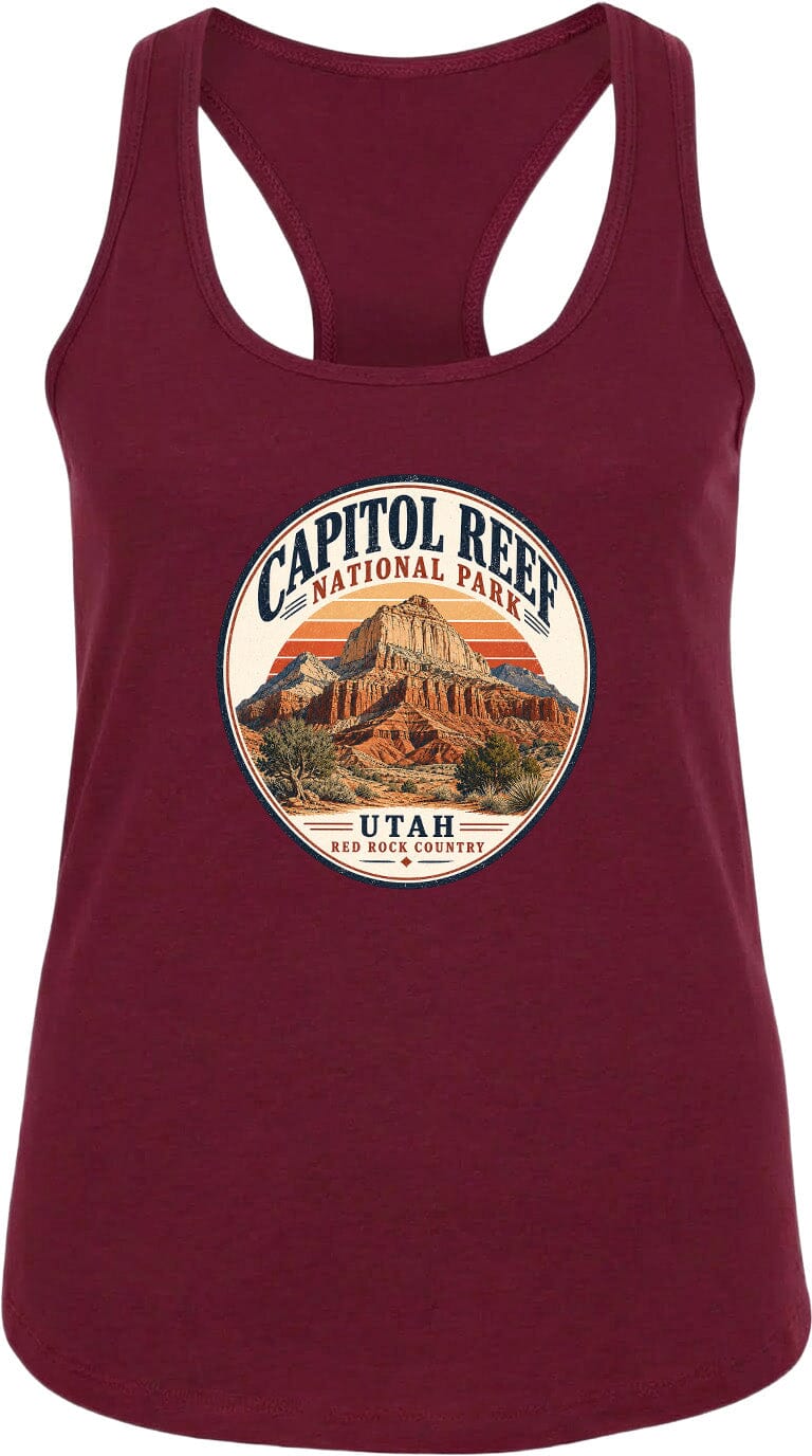 A red tank top with a circular design featuring the Capitol Reef National Park in Utah.