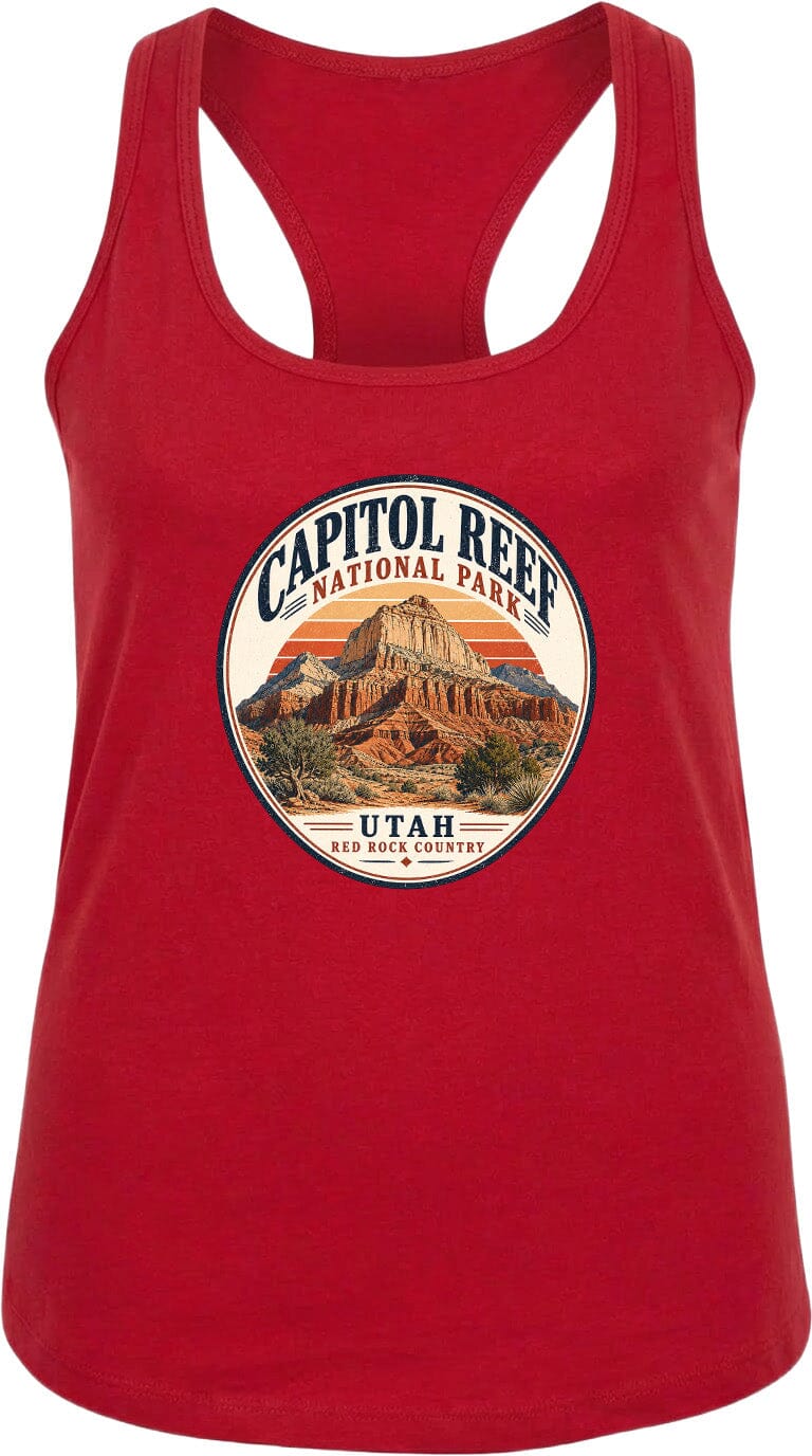 A red tank top with a circular graphic design featuring the Capitol Reef National Park in Utah.