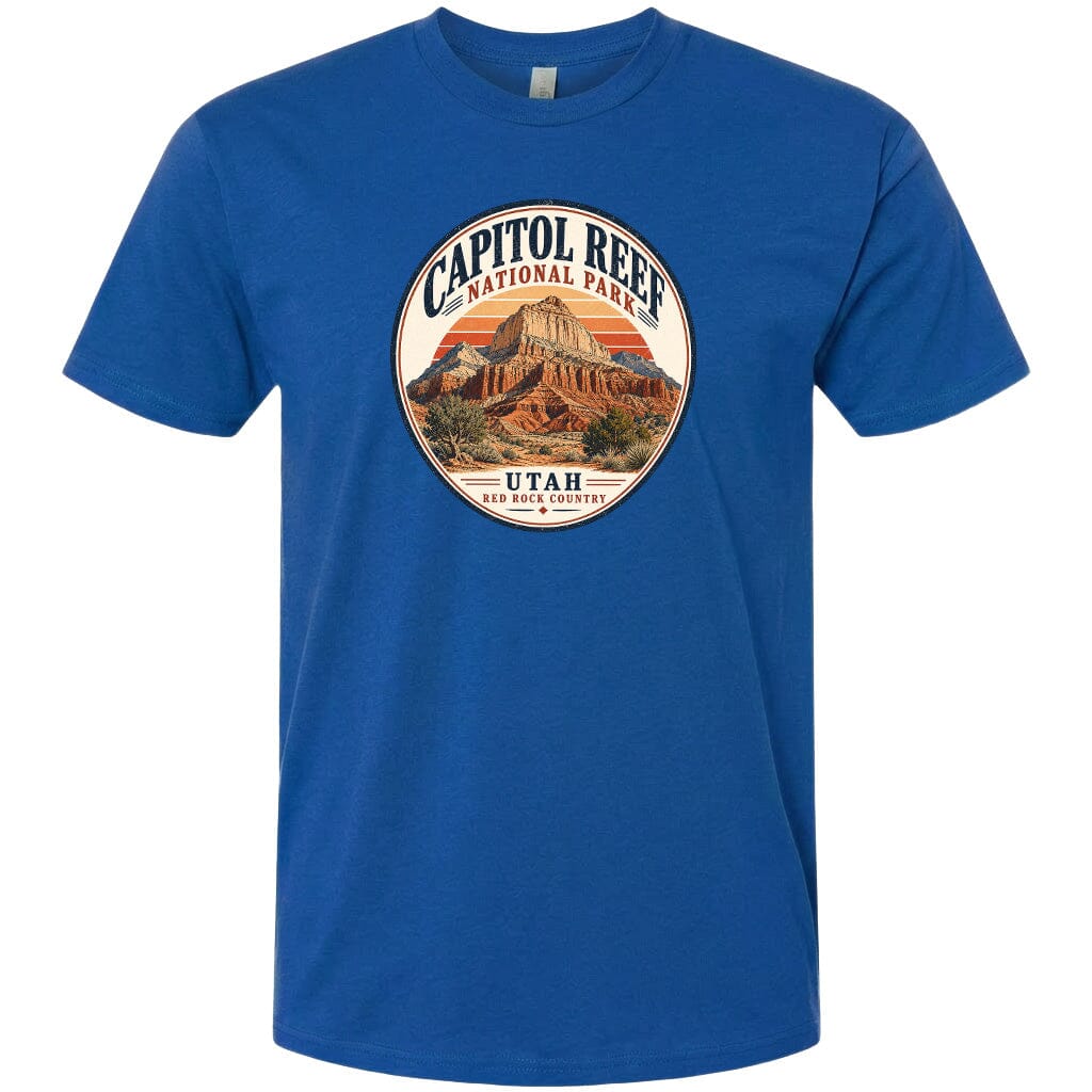 A blue t-shirt with a circular graphic design featuring the Capitol Reef National Park in Utah.