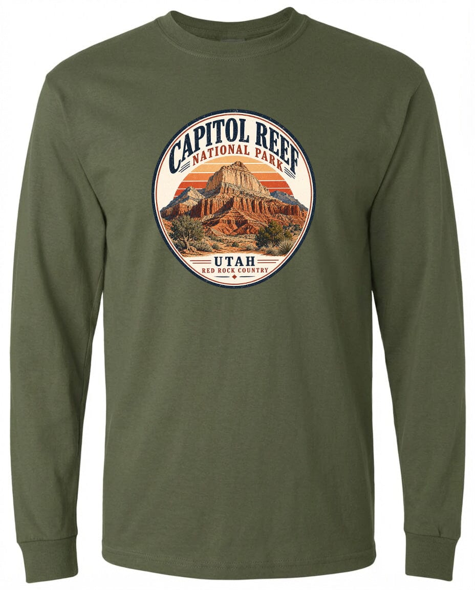 A long-sleeved green t-shirt with a circular graphic design featuring the Capitol Reef National Park in Utah.