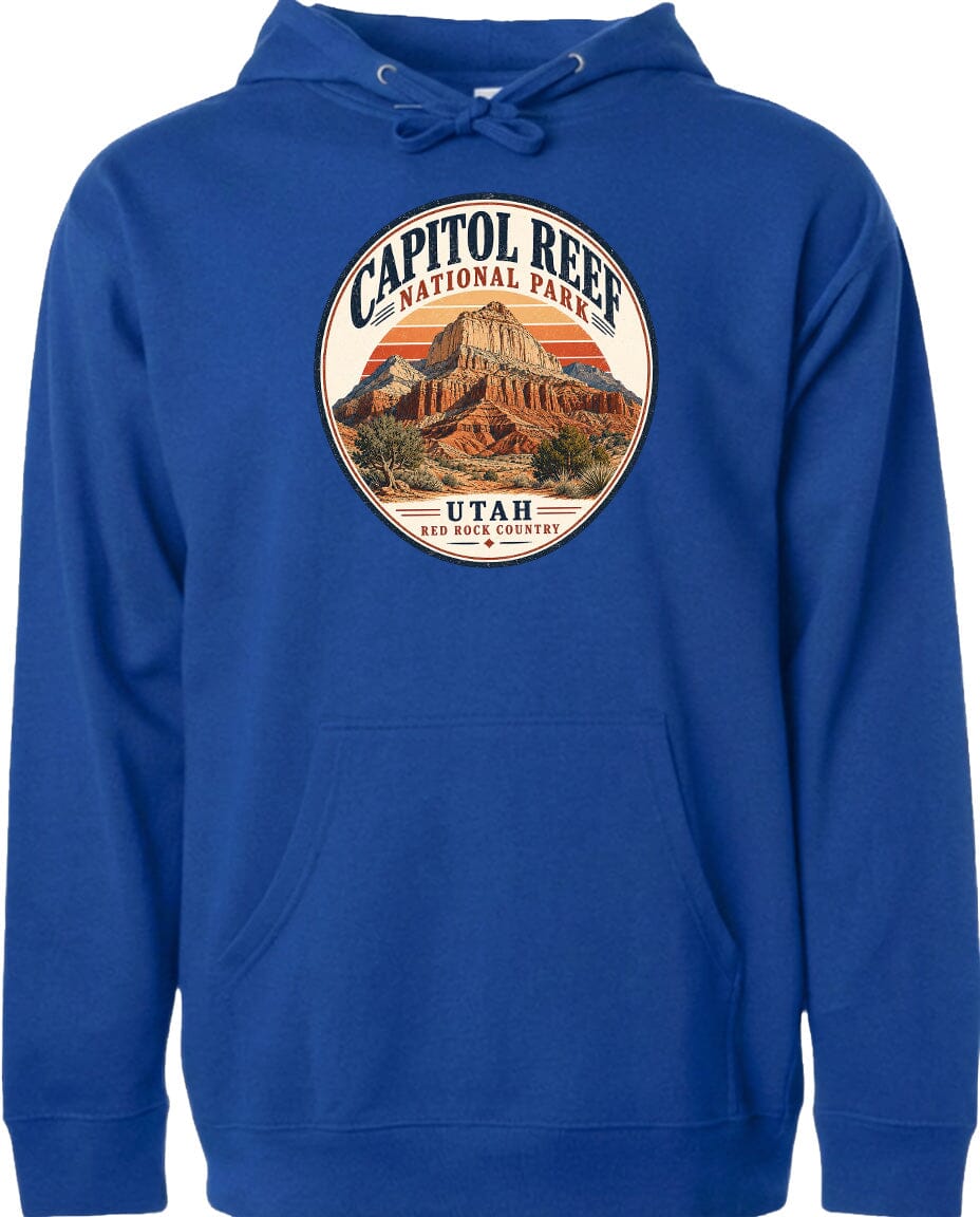 A blue hoodie with a circular design featuring the Capitol Reef National Park in Utah.