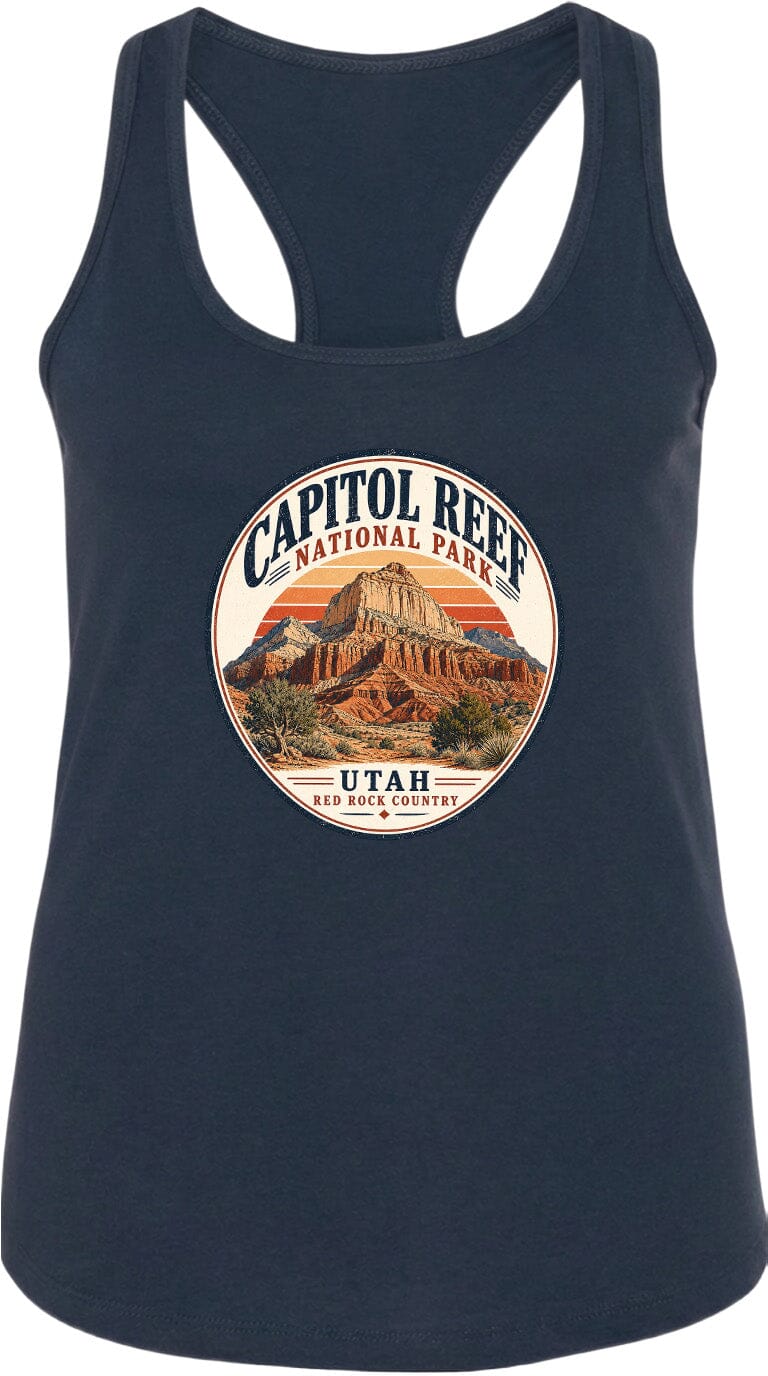 A black tank top with a circular design featuring the Capitol Reef National Park in Utah.