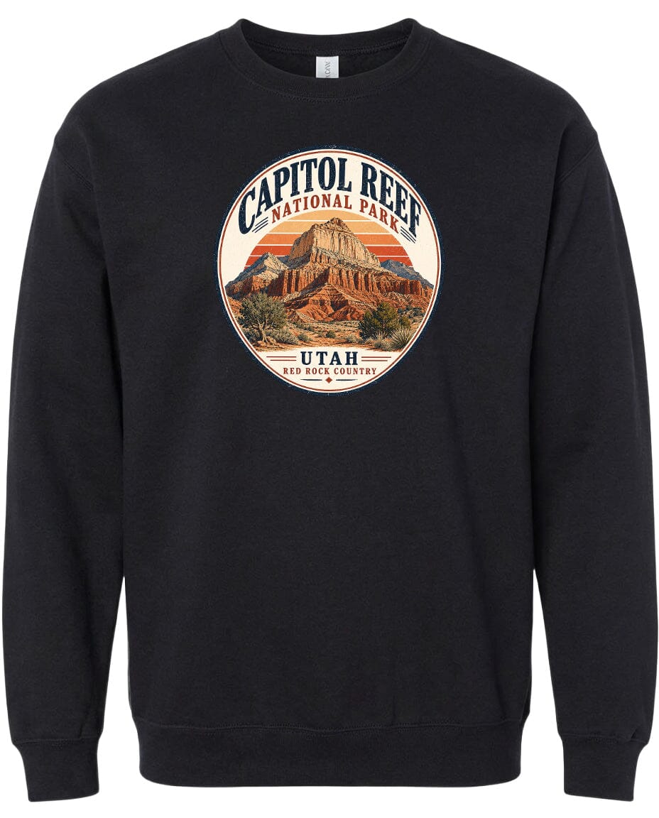 A black sweatshirt with a circular graphic design featuring the Capitol Reef National Park in Utah.