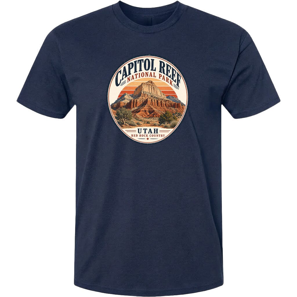 A navy blue t-shirt with a circular graphic design featuring the Capitol Reef National Park in Utah.