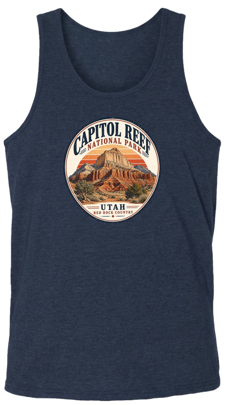 A tank top with a circular design featuring the Capitol Reef National Park in Utah.