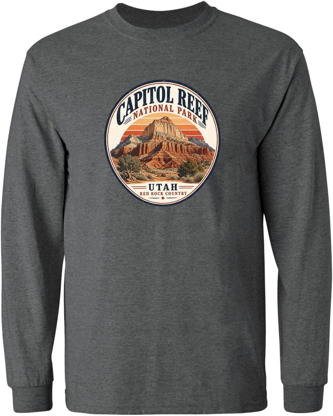A gray long-sleeved t-shirt with a circular graphic design featuring the Capitol Reef National Park in Utah.